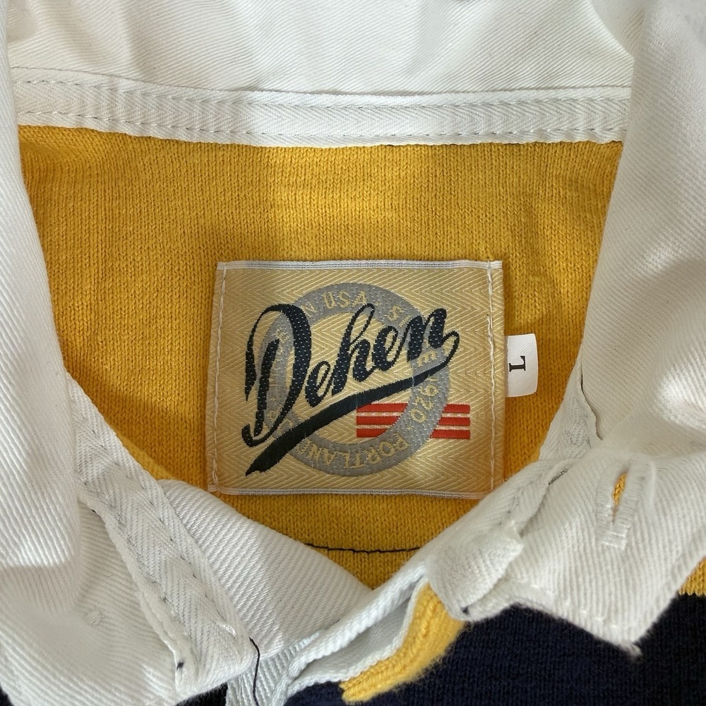 Vtg Dehen Ladycliff College Rugby Polo Shirt Mens LG Colorblock LS Yellow Navy - Picture 5 of 10